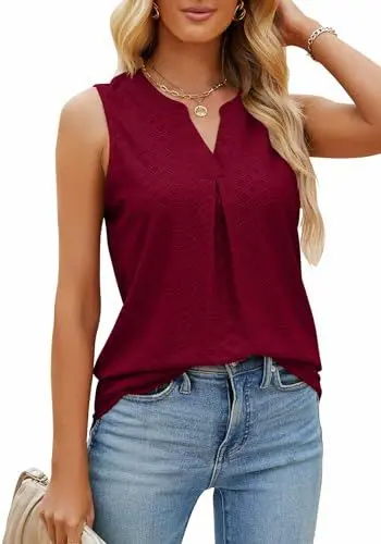 Produktbild: TrendiMax Tank Top Damen Lang V Ausschnitt Ärmellose Bluse Sommer Oberteile Casual Tunika Locker Shirts (L, Weinrot)
