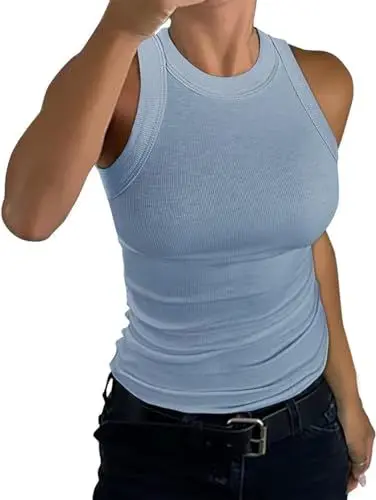 Produktbild: TrendiMax Tank Top Damen Racerback Sommer Oberteile Gerippt Slim Fit Basic Shirt Ärmellos Sexy High Neck Tanktops Einfarbig, Blau, S