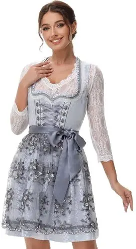 Produktbild: TrendiMax Trachten Damen Dirndl Midi Dirndlkleid Trachtenkleid Elegantes Kleid für Oktoberfest, inkl. Spitzenschürze 50CM, Edelgrau, 40