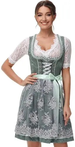 Produktbild: TrendiMax Trachten Damen Dirndl Midi Dirndlkleid Trachtenkleid Elegantes Kleid für Oktoberfest, inkl. Spitzenschürze 50CM, Edelgrün, 38