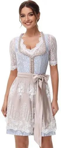 Produktbild: TrendiMax Trachten Damen Dirndl Midi Dirndlkleid Trachtenkleid Elegantes Kleid für Oktoberfest, inkl. Spitzenschürze 50CM, Hellblau, 40