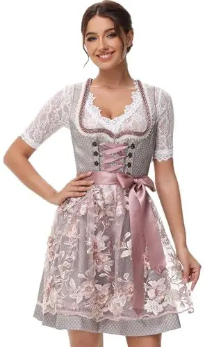 Produktbild: TrendiMax Trachten Damen Dirndl Midi Dirndlkleid Trachtenkleid Elegantes Kleid für Oktoberfest, inkl. Spitzenschürze 50CM, Khaki, 40