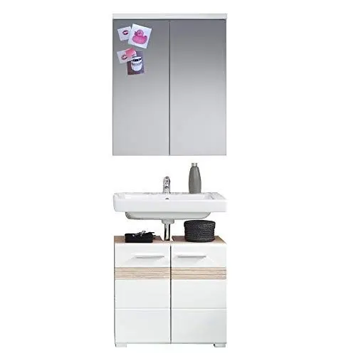 Produktbild: trendteam smart living - 2-teilige Badkombination Badmöbel - Badezimmer - Set One - Aufbaumaß (BxHxT) 60 x 172 x 34 cm - Farbe Weiß Hochglanz mit Eiche San Remo Hell - 133692596