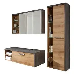 Produktbild: trendteam smart living - 3-teilige Badkombination Badmöbel - Badezimmer - Bay - Aufbaumaß (BxHxT) 186 x 160 x 53 cm - Farbe Beton dunkel mit Eiche Riviera Honig - 169390128