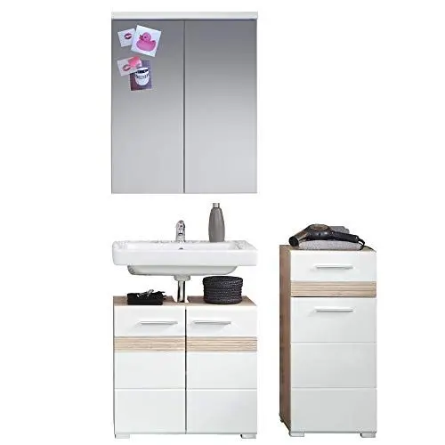 Produktbild: trendteam smart living - 3-teilige Badkombination Badmöbel - Badezimmer - Set One - Aufbaumaß (BxHxT) 110 x 182 x 34 cm - Farbe Weiß Hochglanz mit Eiche San Remo Hell - 133690396