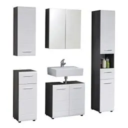 Produktbild: trendteam smart living - 5-teilige Badezimmerkombination Badmöbel - Badezimmer - Line - Aufbaumaß (BxHxT) 150 x 182 x 31 cm - Farbe Sardegna Rauchsilber mit Weiß Hochglanz - 189890503