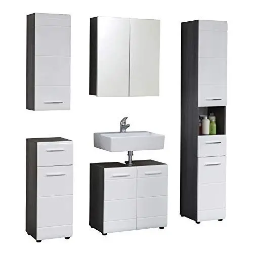 Produktbild: trendteam smart living - 5-teilige Badezimmerkombination Badmöbel - Badezimmer - Line - Aufbaumaß (BxHxT) 150 x 182 x 31 cm - Farbe Sardegna Rauchsilber mit Weiß Hochglanz - 189890503