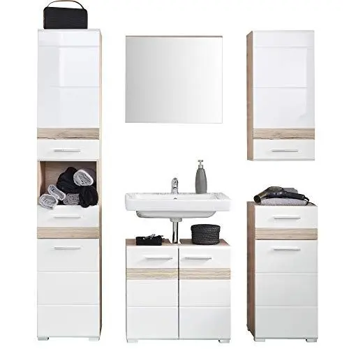 Produktbild: trendteam smart living - 5-teilige Badkombination Badmöbel - Badezimmer - Set One - Aufbaumaß (BxHxT) 159 x 182 x 34 cm - Farbe Weiß Hochglanz mit Eiche San Remo Hell - 133690196