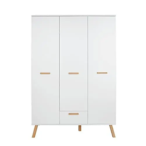Produktbild: trendteam smart living - Mats - Wardrobe - Weiß - Kleiderschrank mit 3 Türen, 1 Schublade, 2 Kleiderstangen - (BxHxT) 130 x 190 x 60 cm - mit lackierten Massivholzfüßen und Griffen