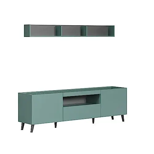 Produktbild: trendteam smart living - Lowboard mit Wandregal 2-teilige Set Kombination - Wohnzimmer - Melton - Aufbaumaß (BxHxT) 181 x 175 x 42 cm - Farbe Dusk Blue mit Anthrazit - 221032631