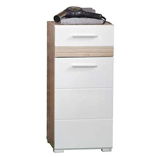 Produktbild: trendteam smart living - Kommode Schrank - Badezimmer - Set One - Aufbaumaß (BxHxT) 37 x 80 x 31 cm - Farbe Weiß Hochglanz mit Eiche San Remo Hell - 133680296