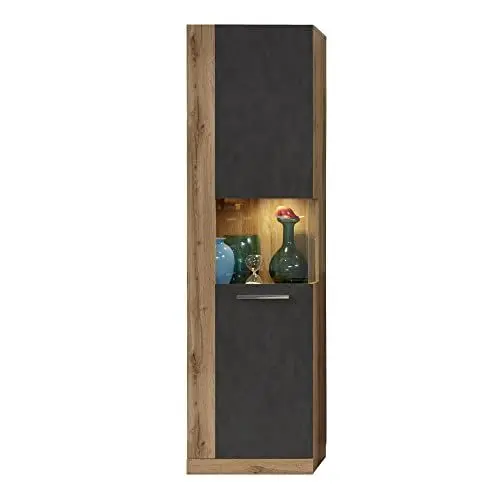 Produktbild: trendteam smart living - Vitrine Schrank Wohnzimmerschrank - Wohnen - Rock - Aufbaumaß (BxHxT) 52 x 186 x 34 cm - Farbe Wotan Eiche mit Matera - 182613148