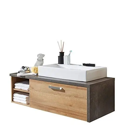 Produktbild: trendteam smart living - Bay - Waschbeckenunterschrank - Eiche Riviera/Beton dunkel - Badschrank hängend mit Mineralguss-Aufsatzwaschbecken - (BxHxT) 123 x 54 x 53 cm - kratzfest
