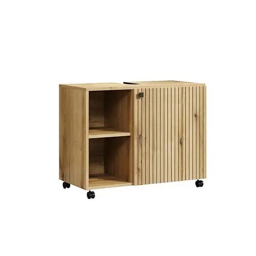 Produktbild: trendteam smart living - Waschbeckenunterschrank Unterschrank auf Rollen - Badezimmer - PureBliss - Aufbaumaß (BxHxT) 80 x 64 x 42 cm - Farbe Evoke Eiche mit schwarzen Rillen - 233730142