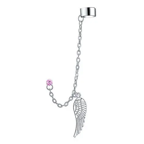 Produktbild: Trendiger Spiritueller Schutzengel Flügel Feder Knorpel Ohrläppchen Helix Warp Manschette Kettenohrring Rosa Kristall Stecker Unisex Edelstahl