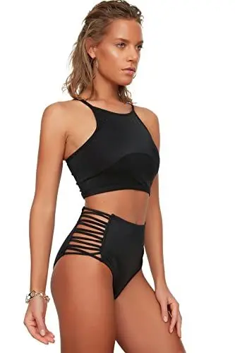 Produktbild: TRENDYOL Damen Biomierte Hohe Taille Sechs Bikini Bottoms, Schwarz, 40 EU
