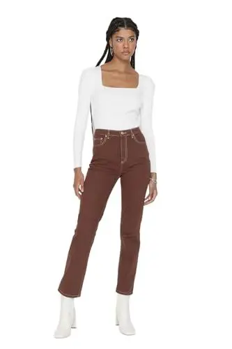 Produktbild: TRENDYOL Damen Brown Contrast Thread High Waist Bootcut Jeans, Braun, 38 EU