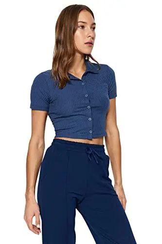 Produktbild: TRENDYOL Damen Loungewear Regular Standard Hemdkragen Gewebte Bluse Hemd, Indigo, S