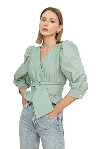 Produktbild: TRENDYOL Damen Regular Fit Basic Cache-Coeur Gewebte Bluse, Mint, 38