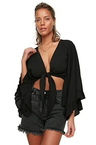 Produktbild: TRENDYOL Damen Schwungrad Detaillierte Viskosebluse Blouse, Schwarz, 38