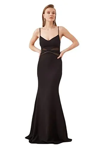 Produktbild: TRENDYOL Damen Spitze Detailliertes Abendkleid & Abschlusskleid Formal Night Out Dress, Schwarz, 36 EU