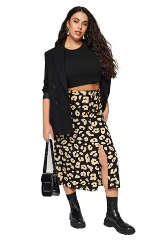 Produktbild: TRENDYOL Damen Trendyol Damen Große Größen Midi A-linie Rock mit Schlitz Webstoff Große Größen in Rock Skirt, Schwarz, 42 Große Größen EU