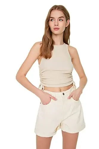 Produktbild: TRENDYOL Damen Trendyol Damen Loungewear Enganliegend, Figurbetont, Rundhalsausschnitt, Gewebte Bluse Hemd, Stone, S EU