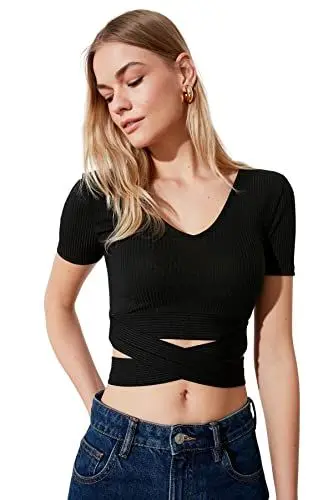 Produktbild: TRENDYOL Damen Trendyol Damen Regular Standard V Ausschnitt Gewebte Bluse Hemd, Schwarz, XS EU