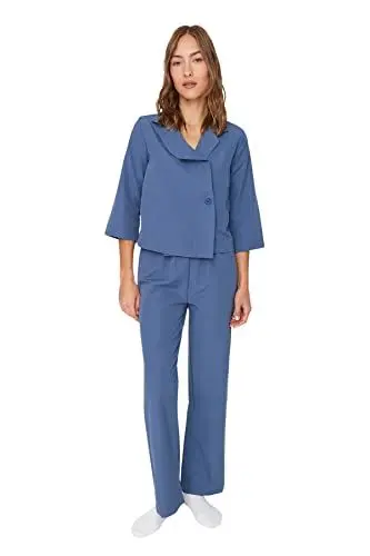 Produktbild: TRENDYOL Damen Trendyol Women's Plain Middle Woven Fabric Shirt Trousers Pyjamas Pajama Set, Marineblau, 40 EU