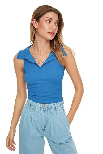 Produktbild: TRENDYOL Damen Trendyol Damen-bluse, Tailliert, Standard, V-ausschnitt, Gewebte Bluse Hemd, Indigo, L EU