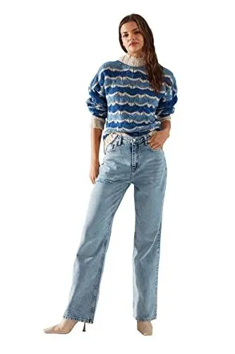 Produktbild: TRENDYOL Damen Trendyol Ripped Detailed High Waist Wide Leg Jeans, Blau, 38 EU