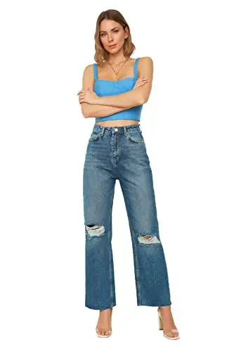 Produktbild: TRENDYOL Damen Trendyol Ripped Detailed High Waist Wide Leg Jeans, Dunkelblau, 36 EU