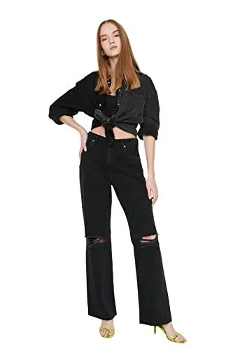 Produktbild: TRENDYOL Damen Trendyol Ripped Detailed High Waist Wide Leg Jeans, Schwarz, 32 EU