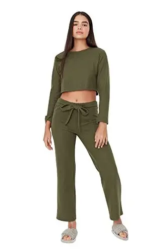 Produktbild: TRENDYOL Damen Trendyol Women's Plain Colours With Belt Centre Knitted T-shirt Trousers Pyjamas Pajama Set, Khaki, L EU