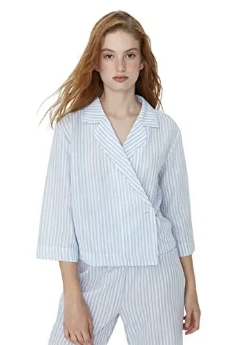 Produktbild: TRENDYOL Damen Trendyol Women's Striped Middle Woven Fabric Shirt Trousers Pyjamas Pajama Set, Blau, 40 EU