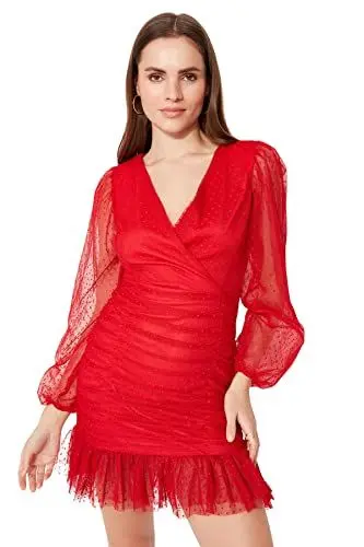 Produktbild: TRENDYOL Damen Women Bodycon Fitted Knit Dress Mini Figurbetontes Strickkleid, Rot, 36