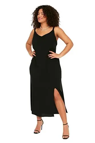 Produktbild: TRENDYOL Damen Women line Fitted Woven Dress Midi A-Linie tailliertes gewebtes Plus Size Kleid, Schwarz, 50 Größen