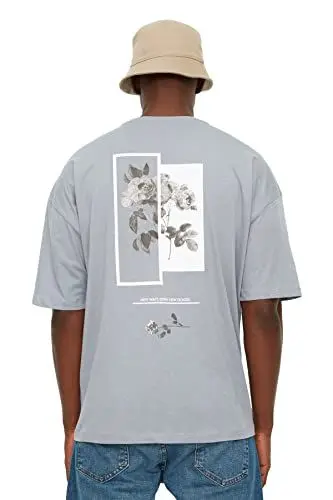 Produktbild: TRENDYOL Herren Herrenübergroße Rundkragen Gedruckt Kurzarm-t-shirt T-Shirt, Grau, L EU