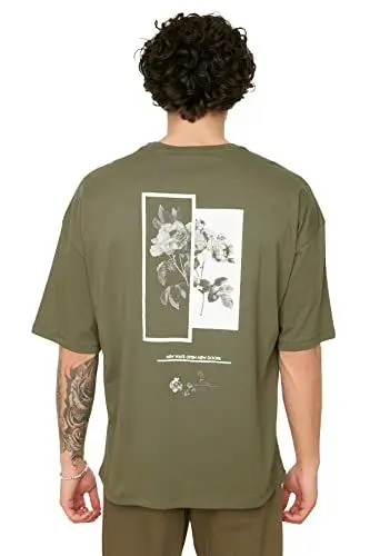 Produktbild: TRENDYOL Herren Herrenübergroße Rundkragen Gedruckt Kurzarm-t-shirt T-Shirt, Khaki, L EU