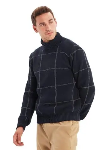 Produktbild: TRENDYOL Herren Rollkragenpullover, Kariert, Schmal Sweatshirt, Marineblau, S EU