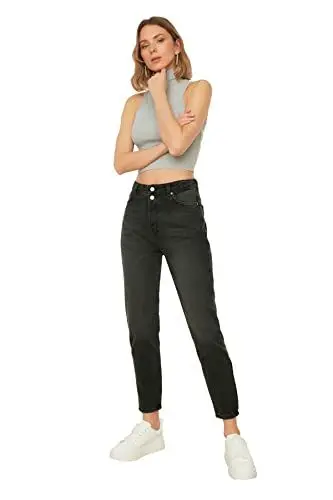 Produktbild: TRENDYOL Damen Trendyol Er Doppelter Knopf mit Hoher Taille Mutter Jeans, Schwarz, 40 EU