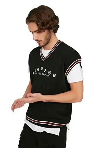 Produktbild: Trendyol Black Herren V-Ausschnitt Frontschreiben Detaillierte Strickwaren-Jumper, Schwarz,