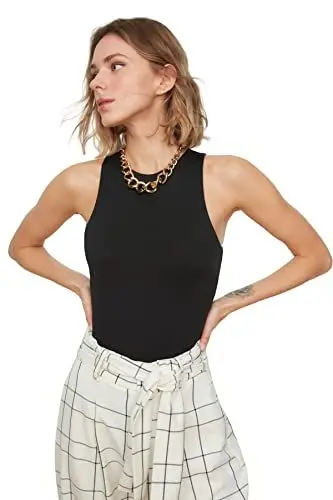 Produktbild: Trendyol Damen-Bluse, figurbetont, Rundhalsausschnitt, gewebte Bluse, Schwarz, X-Large