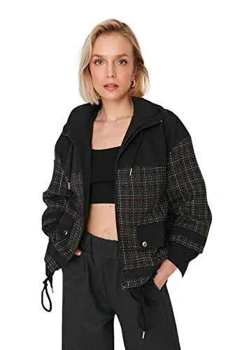 Produktbild: Trendyol Damen Black Tweed Fabric Detailed Hooded Oversize Mont Coat, Schwarz, S EU