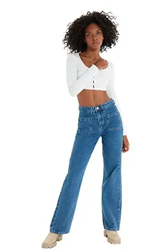 Produktbild: Trendyol Damen Blue Mobile Detailed High Waist 90's Wide Leg Jeans, Blau, 38 EU