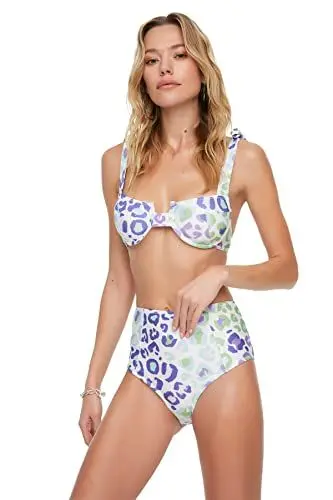 Produktbild: Trendyol Damen Bunte Leoparde Gemusterte Hohe Taille Bikini Bottoms, Lila, 38 EU