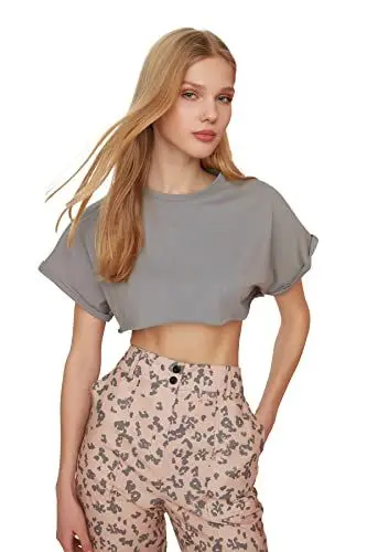 Produktbild: Trendyol Damen Crap-gestricktes T-shirt T Shirt, Gray, L EU