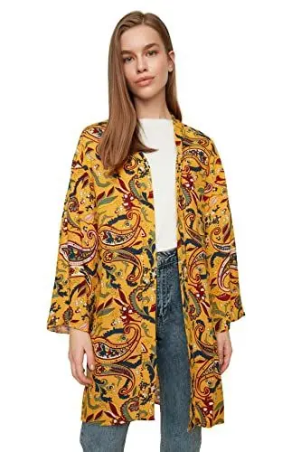Produktbild: Trendyol Damen Frauen Floral Paspelierung detaillierte gewebte bescheidene Kimonos & Kaftans, gelb, 62