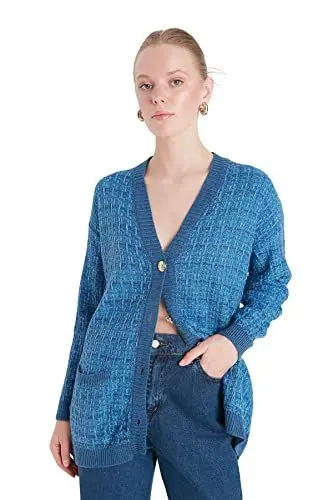 Produktbild: Trendyol Damen Oversize Standard V-Ausschnitt Strickwaren Cardigan Pullover, blau, M