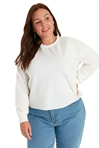 Produktbild: Trendyol Damen Rundhalsausschnitt, einfarbig, regulär, Übergröße Sweatshirt, Stone, X-Large Plus
